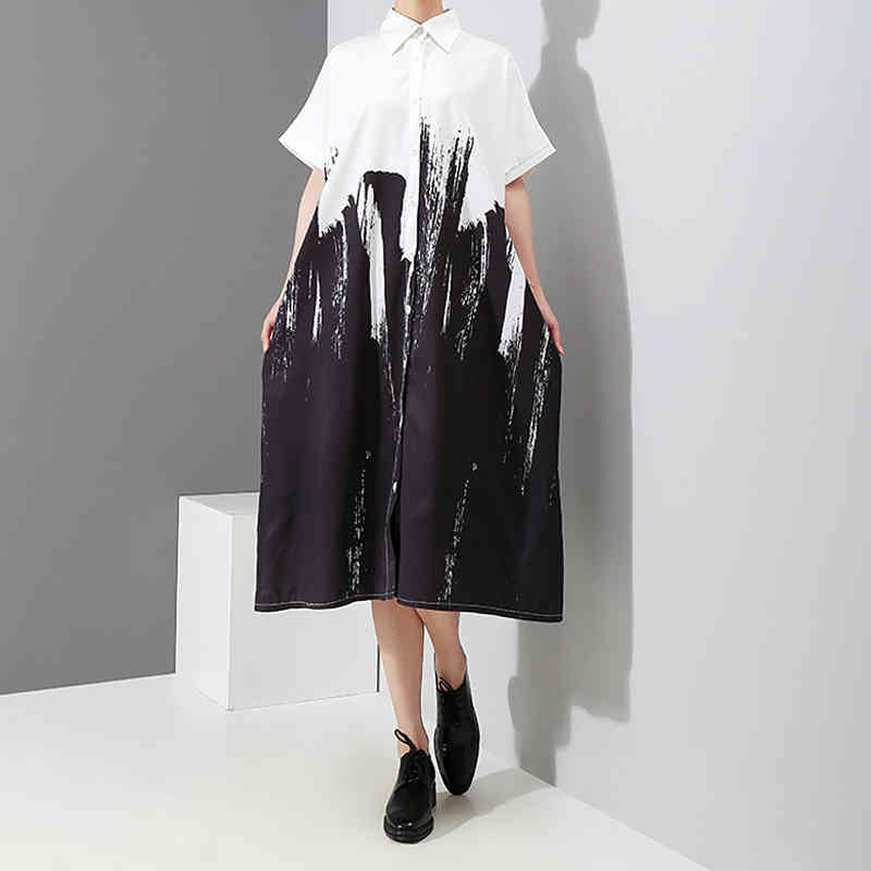 Painting Style Long Sleeve Woman Black And White Printed Shirt Dress Tie-Dyed Plus Size Midi Ladies Casual Dress Robe Femme 3400 210409
