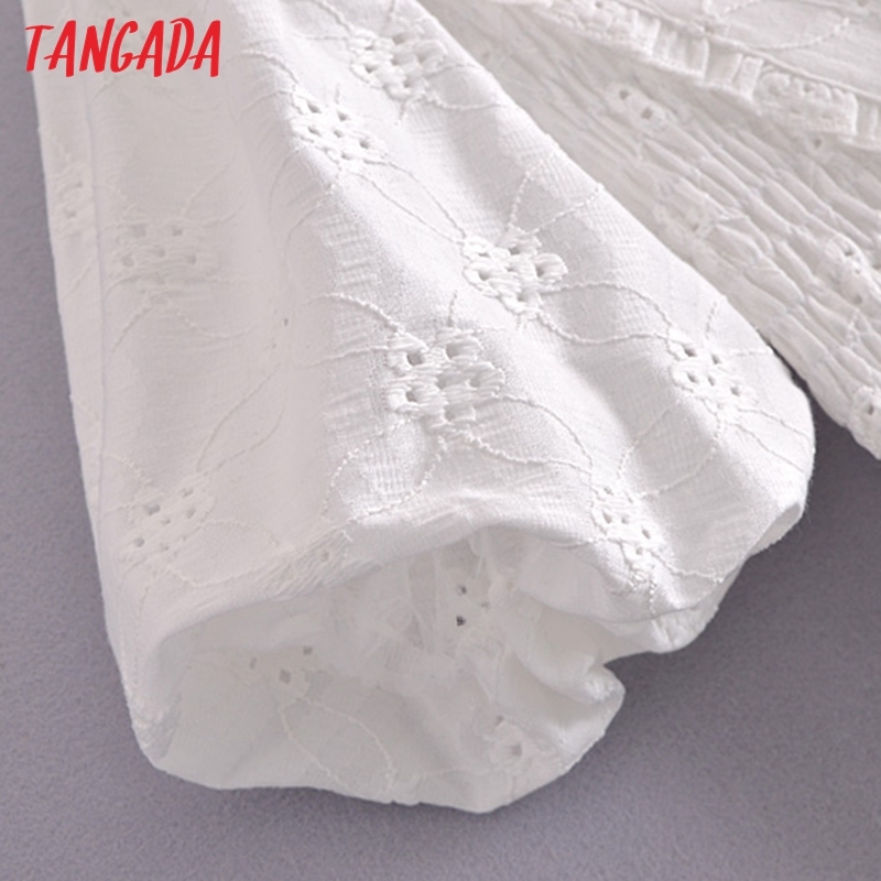 Women White Cotton Embroidery Romantic Dress Puff Short Sleeve Backless Females Midi Dresses Vestidos 3H271 210416
