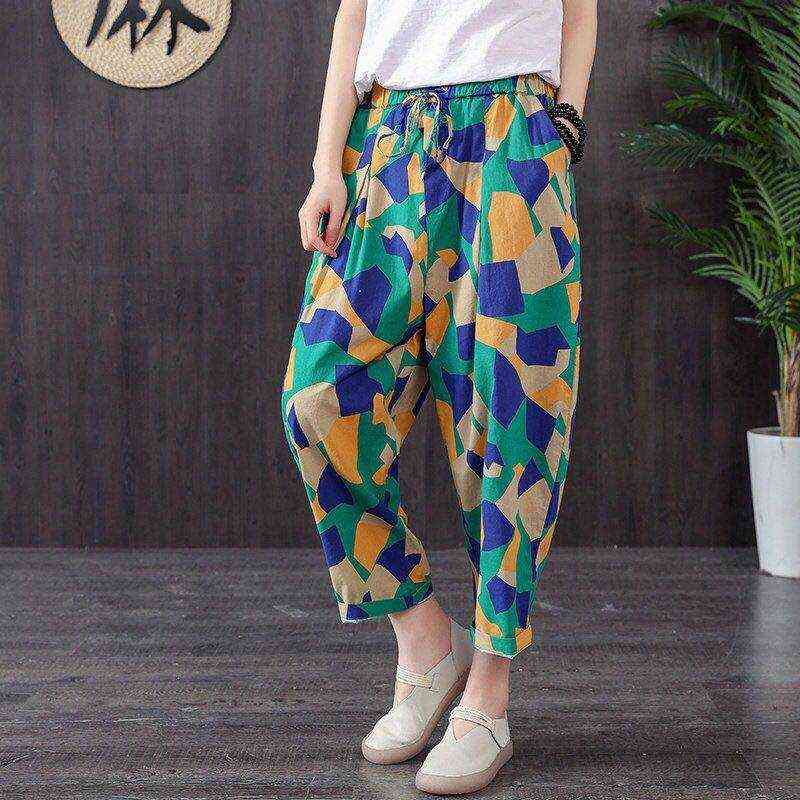 F&je Spring Summer Women Pants Plus Size Elastic Waist Geometric Cotton Linen Harem Vintage print Loose Wide Leg D44 211115