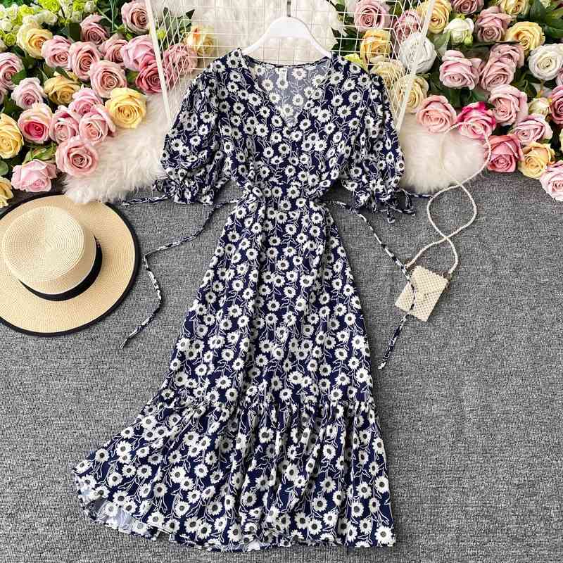 Summer Slim V Neck Short Sleeve Dress A Line Floral Print High Waist Mid-Calf Women Party Dress 210521