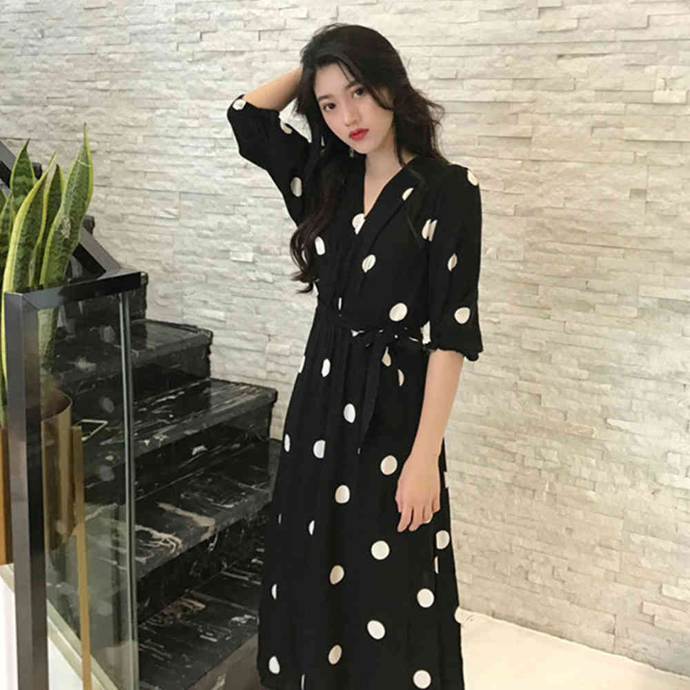 Summer Korean Style Chiffon Long Dress Women Half Sleeve V Neck Dot Print Midi Dresses Casual Party Beach Dress Plus Size 4XL 210518