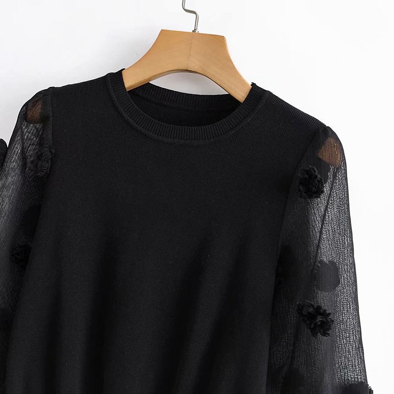 Black Mesh Patchwork Pullover Sweater, Transparent Long Sleeve Knitted Jumper For Women B4
