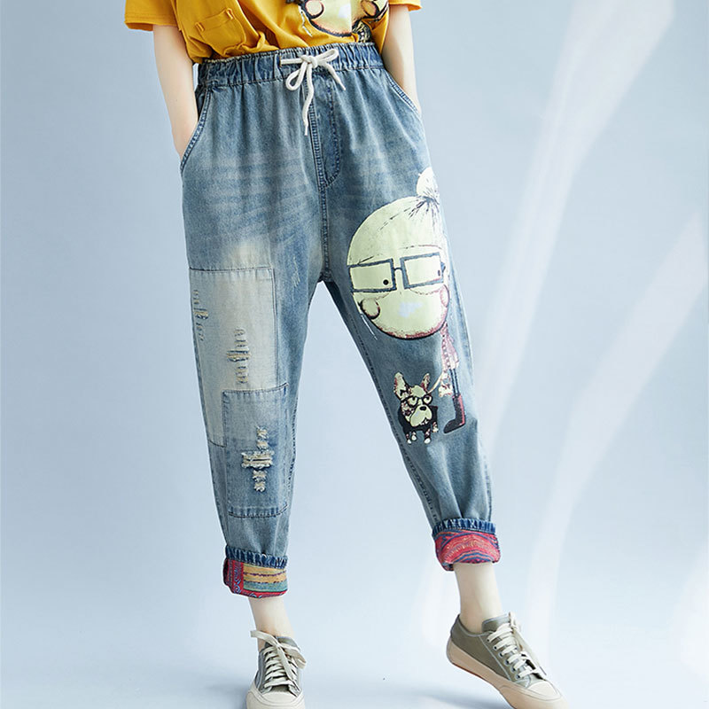 Arrival Spring Autumn Arts Style Cartoon Print Loose Casual Jeans Vintage Hole Cotton Denim Harem Pants Plus Size M583 210512