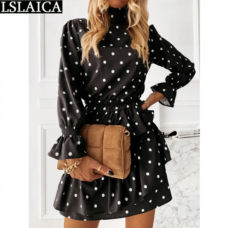 Dresses for Women Polka Dot Print Ruffle Woman Dress Fashion Streetwear Sale Party Long Sleeve Mini Vestido De Mujer 210515