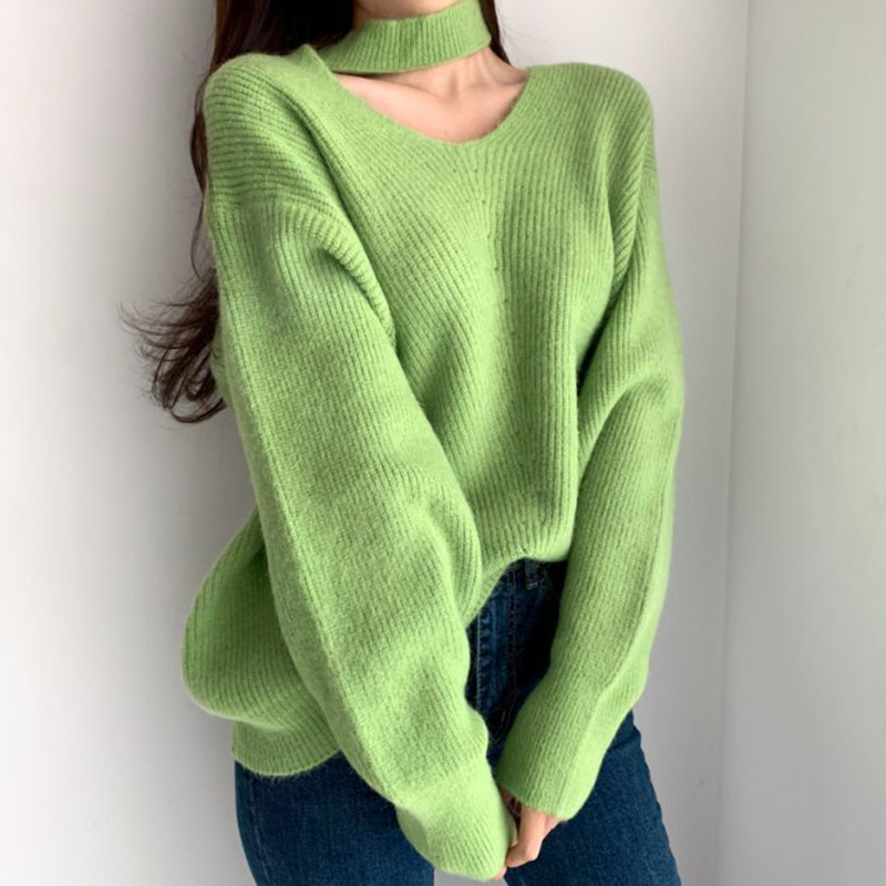 Nomikuma Sexy Halter Strapless Women Sweater Causal Long Sleeve Korean Solid Pull Femme Autumn Winter Knit Pullover 6D458 210427