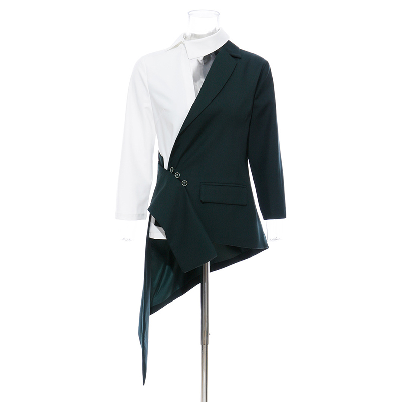 VGH asymmetrical patchwork hit color blazer for women lapel long sleeve irregular hem slim womens suit spring fashion 210421