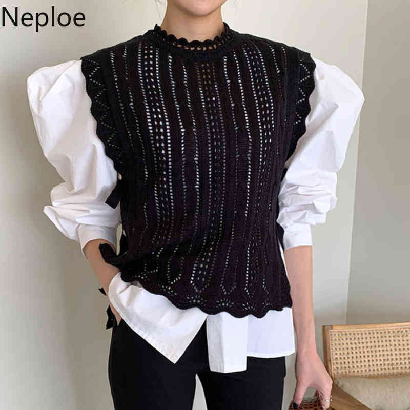 Neploe Chic Vintage Patchwork Pullovers Stand Neck Hollow Out Sweaters Women Sweet Puff Sleeve Jumper Lace Up Vest Female Tops 210422