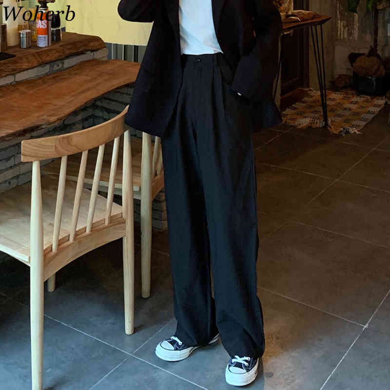 Wide Leg Women Pants Leisure High Waist Long Office Ladies Loose Straight Trousers Black Purple Suit Pant 210519