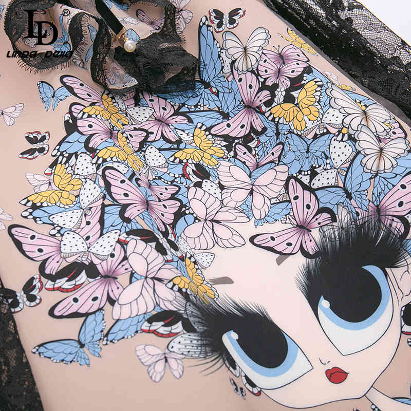 Designer Summer Women Black Sexy Lace Transparent Long Sleeve Ruffles Fashion Cartoons Print Vintage Mini Dress 210522