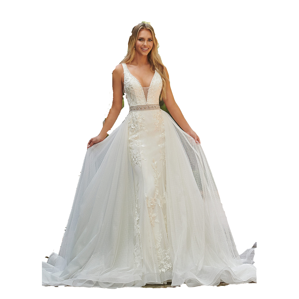Glamorous Fit Flare Swiss Dot Wedding Dress with A Plunging V-Shaped Neckline And Sheer Beaded Waistband