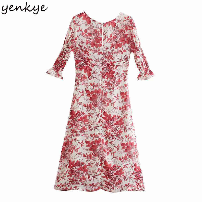 YENKYE Elegant Women V Neck Vintage Floral Print Dress Female Sexy Slits A-line Midi Summer Chiffon Dress Vestidos Mujer 210515