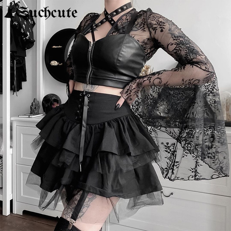 SUCHCUTE Goth Aesthetic Lace Up Mini Skirt For Women Dark Academia Mesh Patchwork A-Line Skirt Punk Style Party Black Saias
SUCHCUTE Goth Aesthetic Lace Up Mini Skirt For Women Dark Academia Mesh Patchwork A-Line Skirt Punk Style Party Black Saias