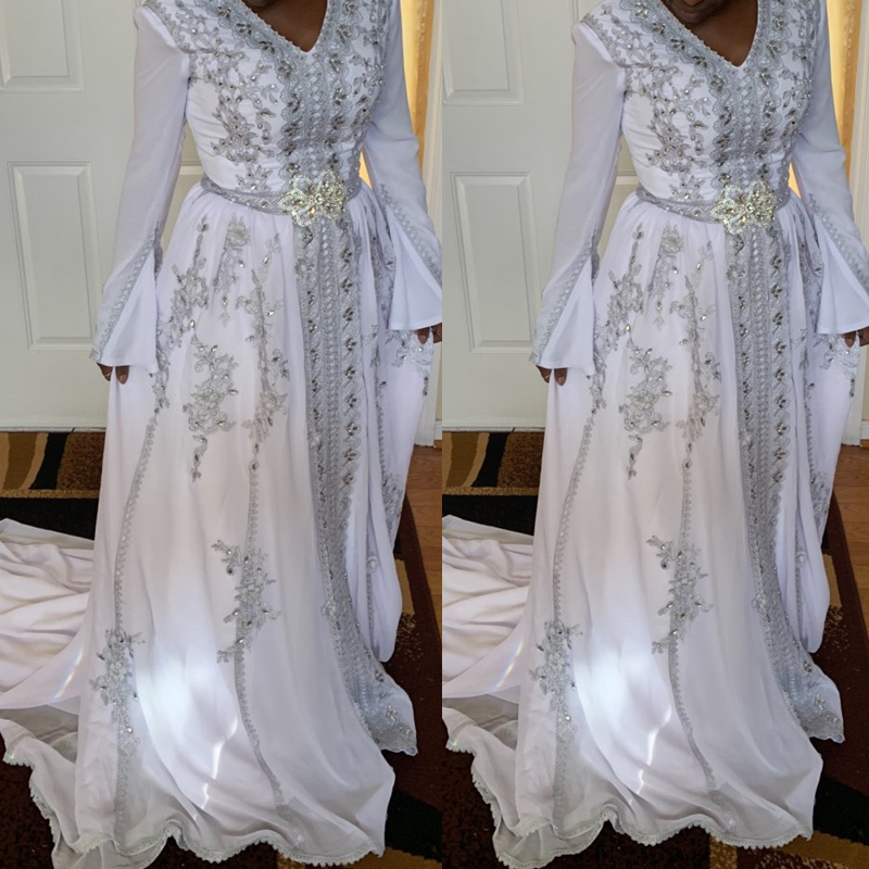 Real Photos Crystals Beaded Moroccan Kaftan Evening Dresses Elegant White Chiffon Long Sleeve Formal Evening Gowns With Silver Lace Appliques A Line P