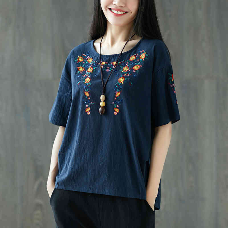 Summer Style Women Tshirt Plus Size Short Sleeve Loose O-neck Tops Cotton Linen flower Embroidery Vintage Tee Shirt CYK2 210512
