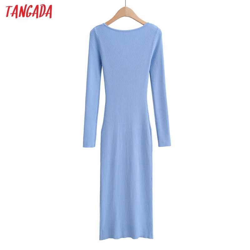 Tangada fashion women solid elegant v neck sweater dress long sleeve ladies side open midi dress 4P20 210630