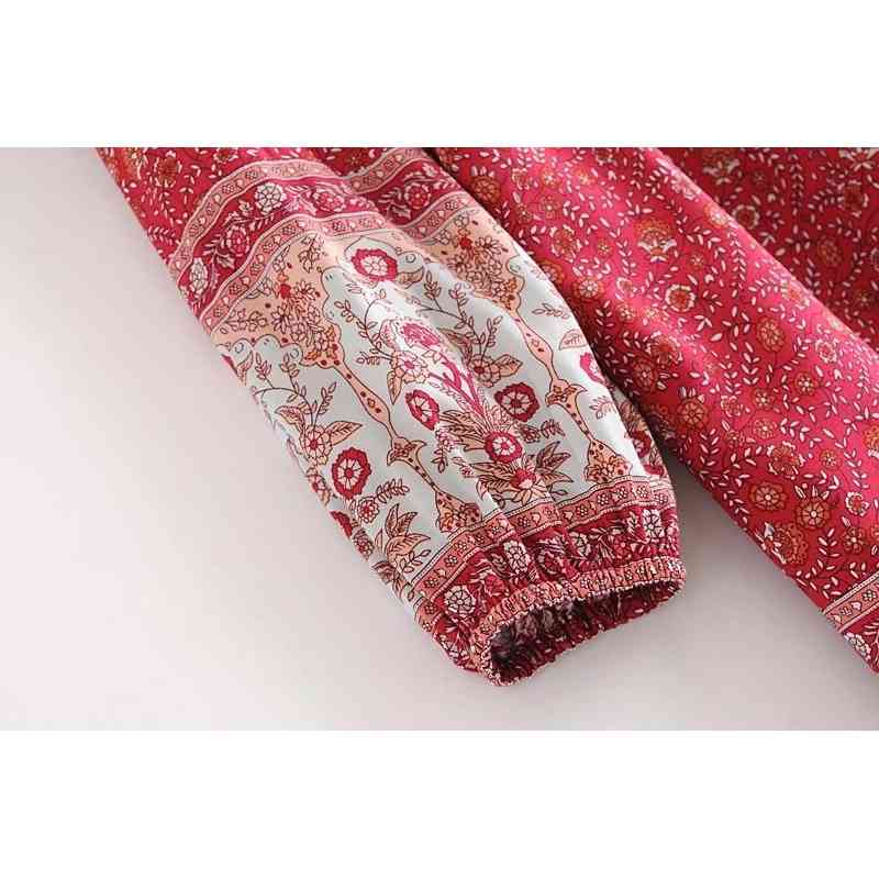 Bohemia Lacing up Bandage Wood Ear V Neck Floral Print Long Sleeve Dress Holiday Hippie Women Loose Straight Short Dresses 210429
