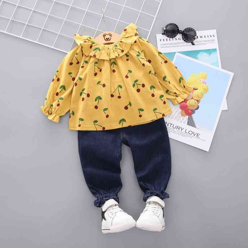Baby Girl Clothes Sets For Children Strawberry Turndown Collar T-shirt Jeans Pants Cute Toddler Girls Suit for Kid 210508