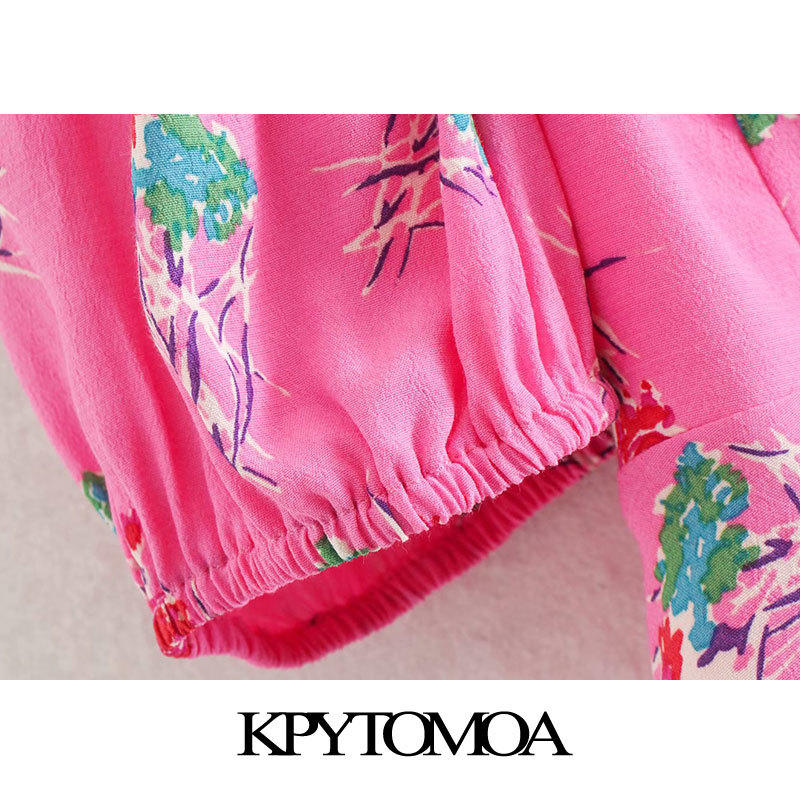 Women Fashion Floral Print Cropped Blouses Tied V Neck Puff Sleeve Female Shirts Blusas Mujer Chic Tops 210420