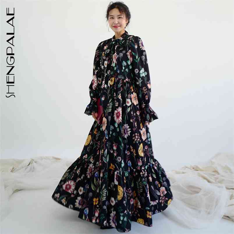 Spring Autumn Women Vintage Loose High Waist Slim Was Thin Elegant Flowers Big Swing Maxi Dress 210427