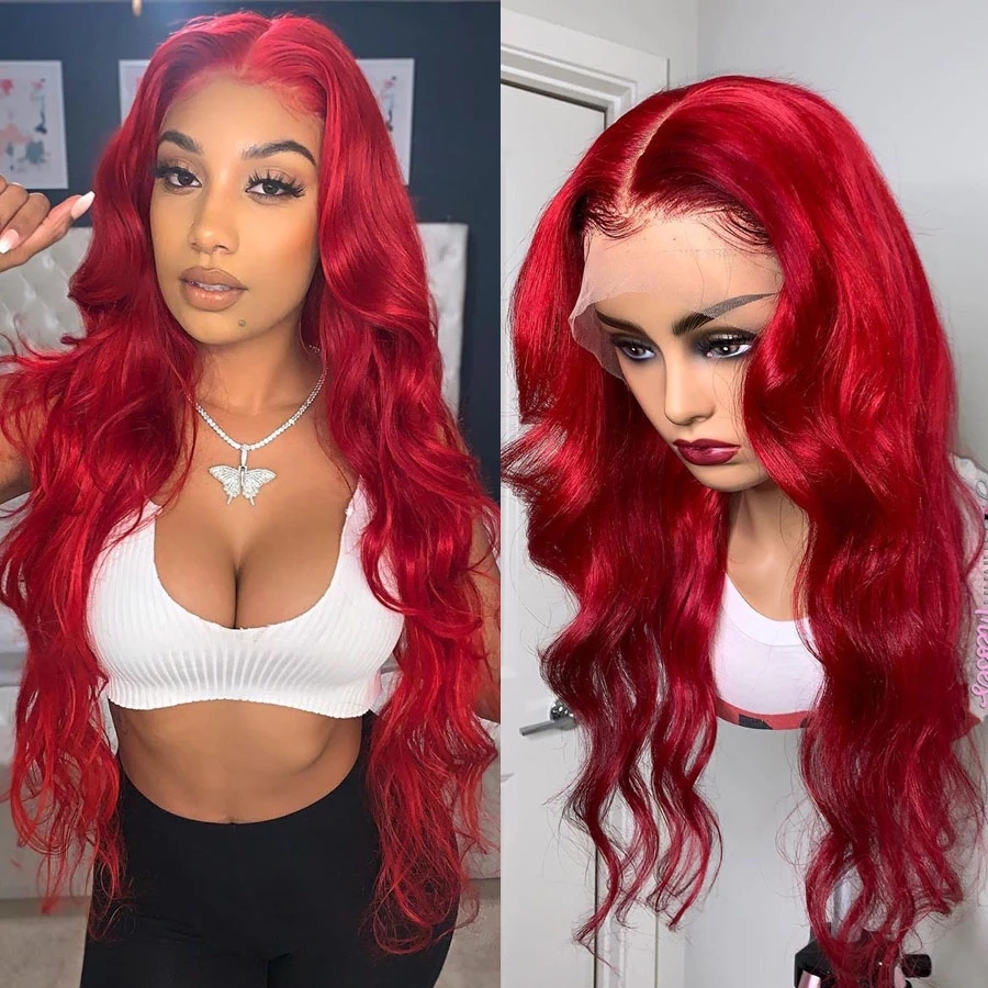 2021 free part body wave red brazilian lace front Wigs synthetic Wig heat resistant Preplucked With Baby Hair