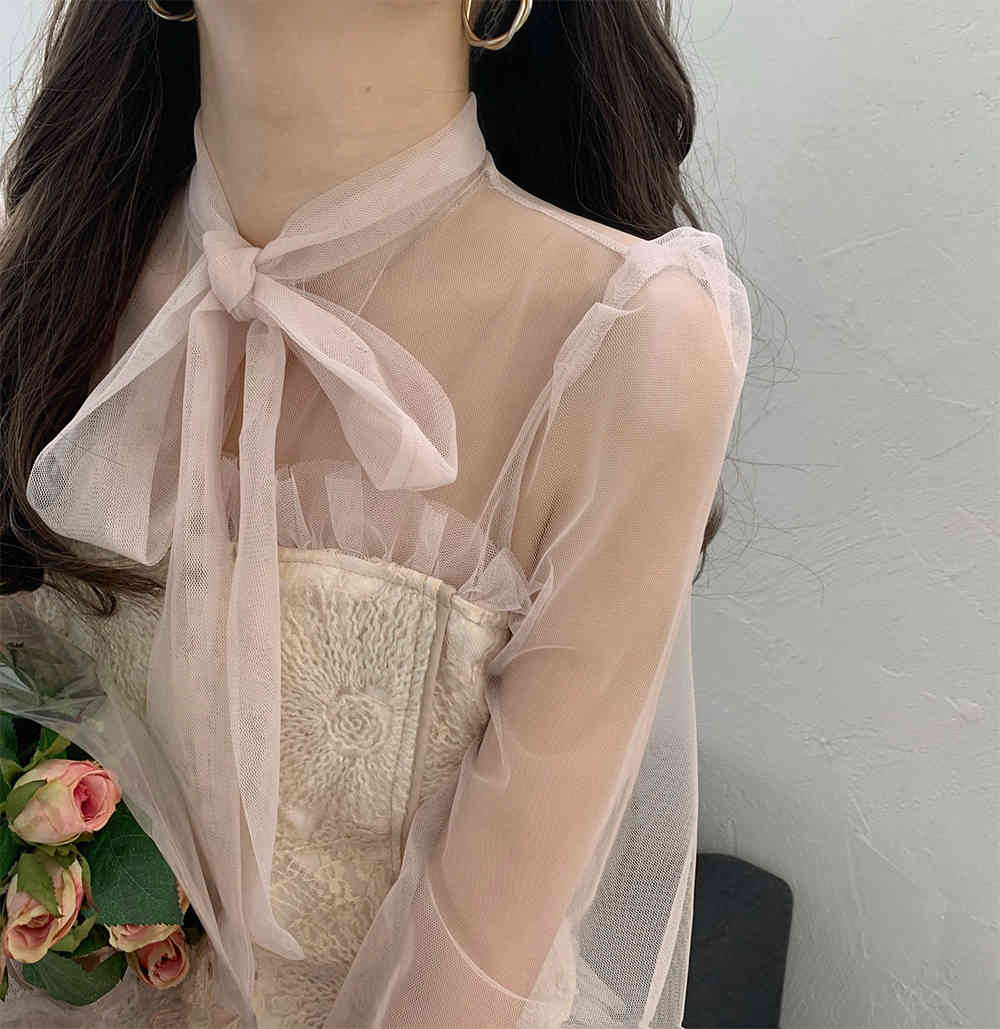 Nomikuma Perspective Mesh Lace Patchwork Women Blouse Long Sleeve Bow Tie Collar Slim Elegant Blusas Femme Korean Shirt 6E091 210427