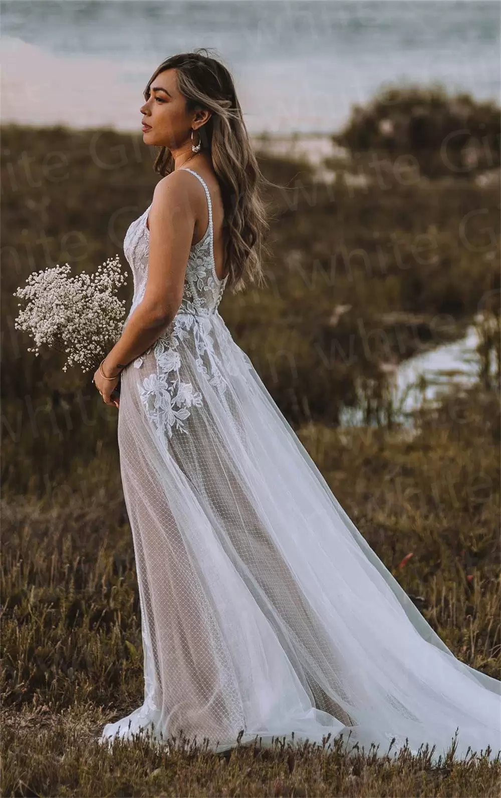 Boho Country Wedding Dresses Bridal Gown Spaghetti Straps A Line Tulle Lace Applique Sweep Train Custom Made Plus Size Vestidos De Novia 401