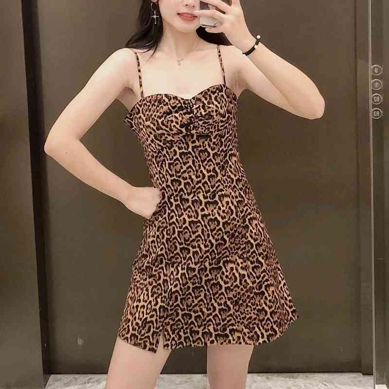 Women Leopard Print Backless Suspender Mini Dress Female Loose Clothes Casual Lady Vestido D6735 210430