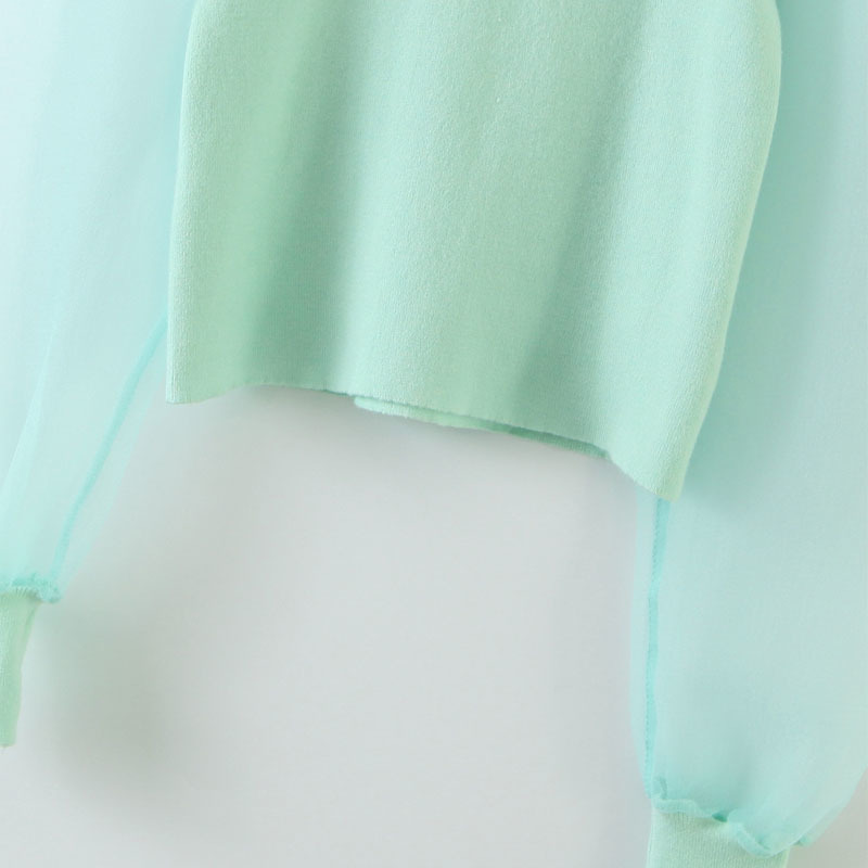 Harajuku Round Neck Pullover Green Mesh Gauze Lantern Sleeve Chic Women's Sweater Sweet Knitting Female Sweater 210507