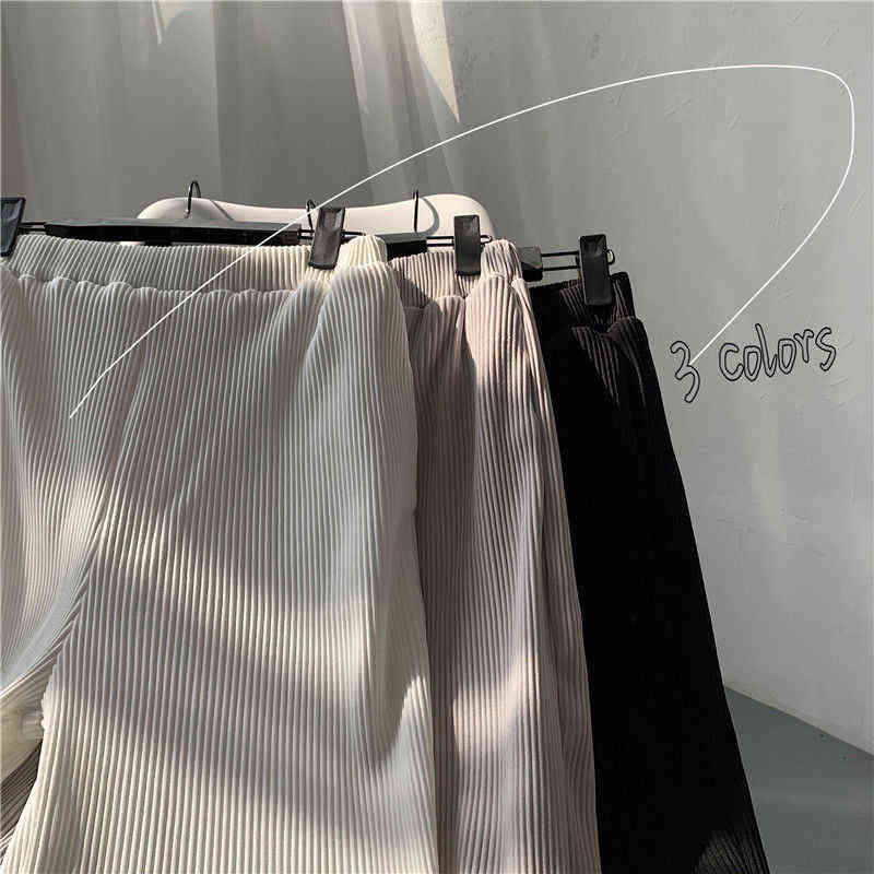 Pleated Straight Pants Men's Fashion Solid Color Elastic Waist Casual Pants Men Streetwear Loose Japanese Trousers Mens 211112