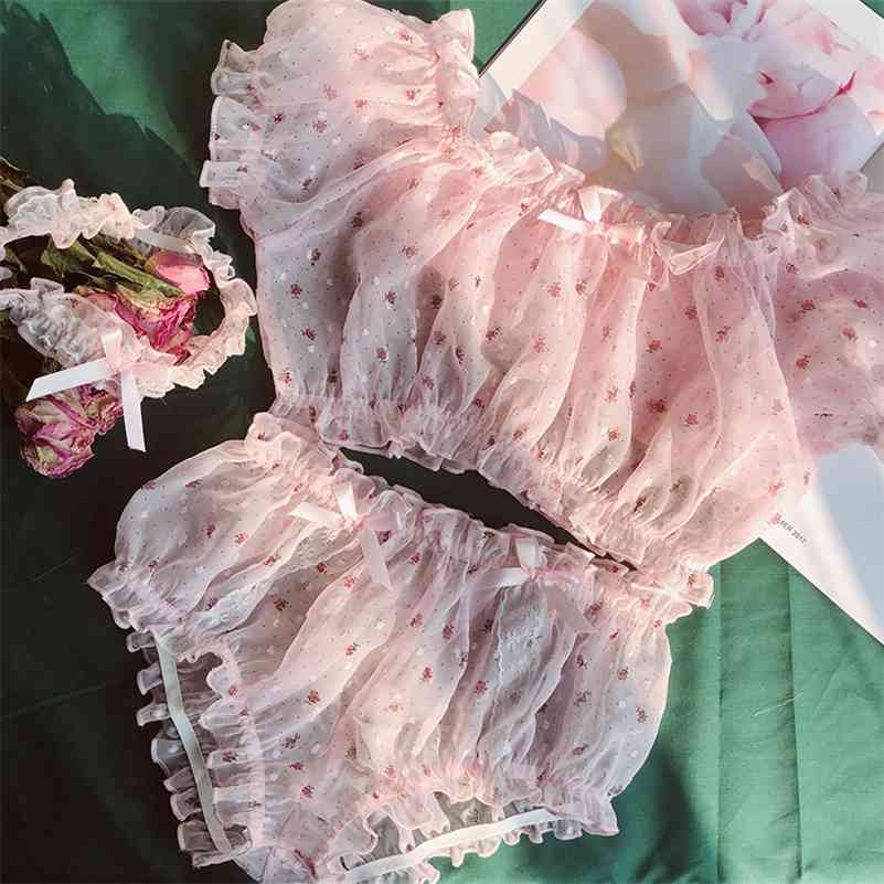 Women Gauze Printed Flower Ruffles Kawaii Lingerie Home Clothes Sexy Pajamas Bra Short Sleeve Tops Shorts Lingerie Set for 210330