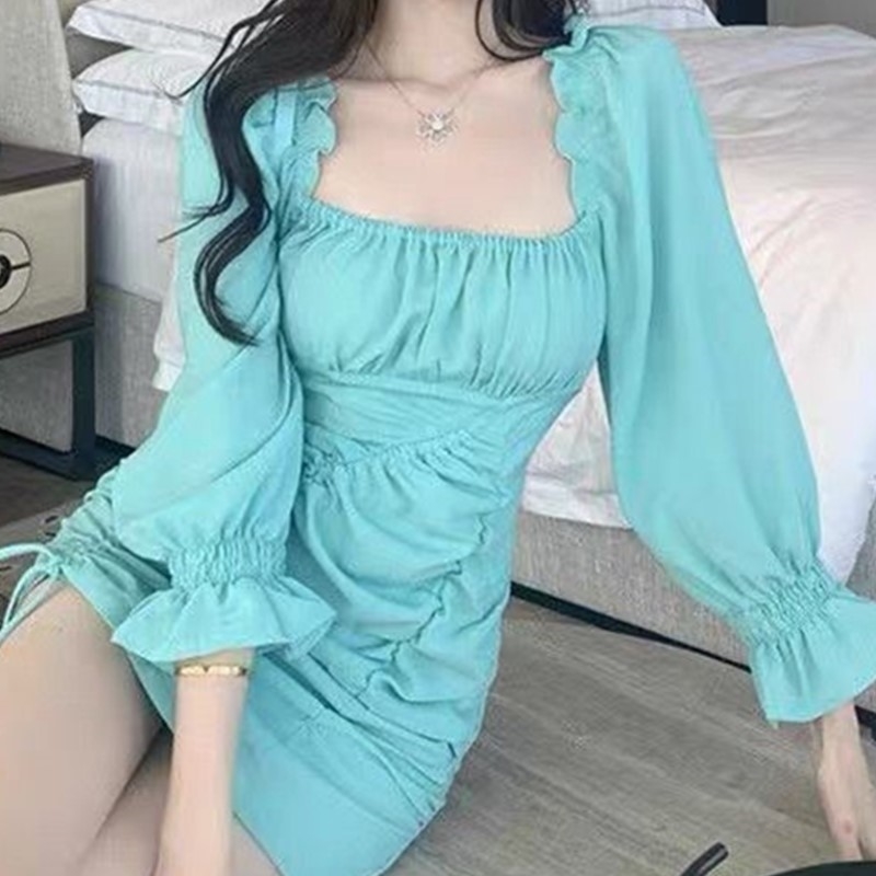 Package Hips Plain color Long sleeve Dress Elegant Women Adjust Rope Dropped Ruched Slim Short Party Dresses 210429