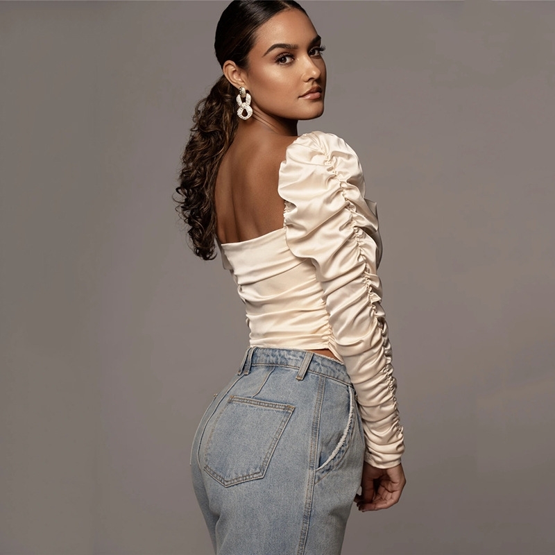 spring and summer open back T-shirt women's sexy pleated long sleeve high elastic satin top women's wear 210602