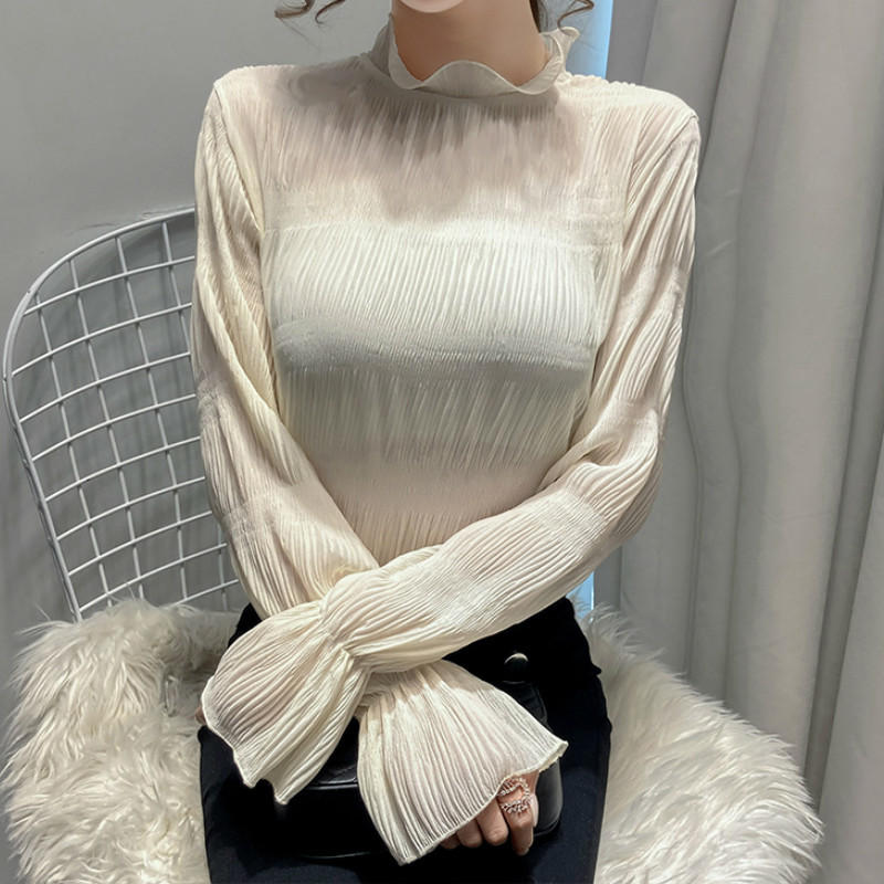 Women Flare Sleeve Half Turtleneck Blouses Spring Autumn Long Lace Patchwork Chiffon Shirt Female Pleated Blusas Top 210514