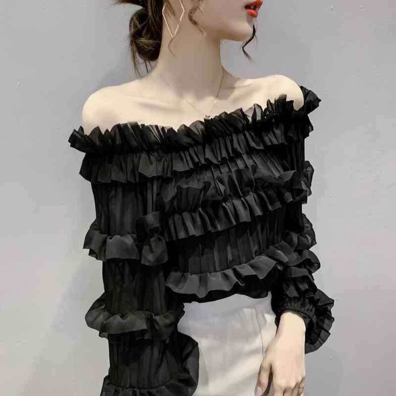 Kimutomo Ruffles Chiffon Blouse Spring Fashion Girls Slash Neck Off Shoulder Flare Sleeve Short Shirt Elegant Casual 210521