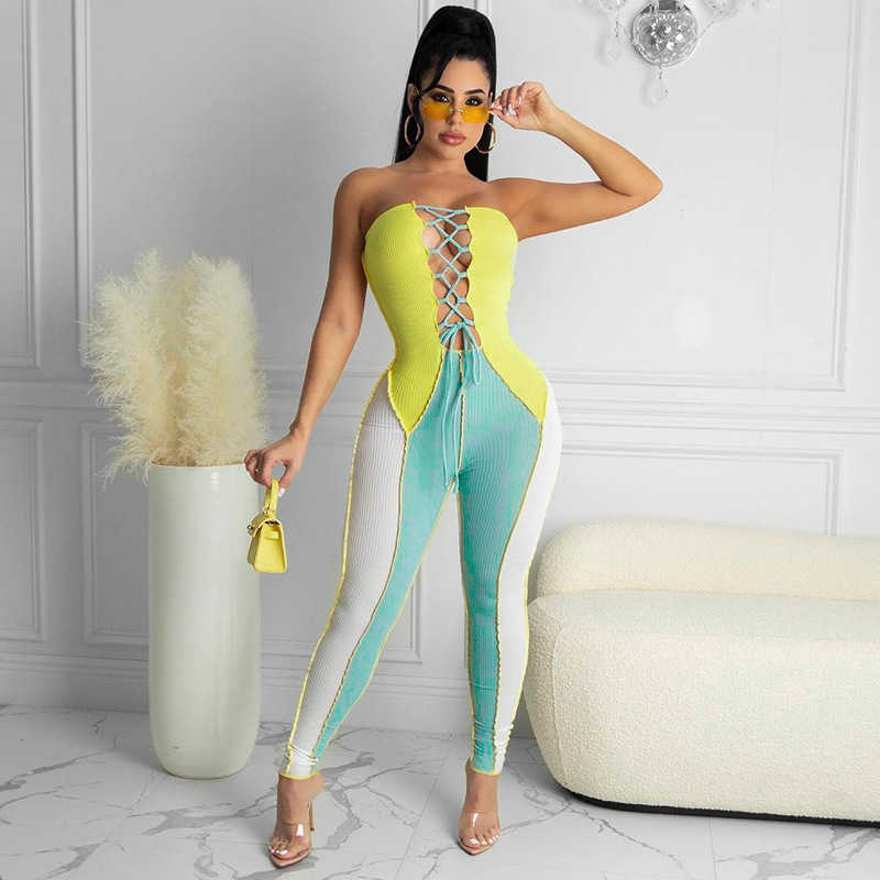 Fashion Sleeveless Contrast Color Front Lacing Hollow Out Jumpsuits Casual Women Summer Clothing Party Club Streetwear 210604, Yellow
Fashion Sleeveless Contrast Color Front Lacing Hollow Out Jumpsuits Casual Women Summer Clothing Party Club Streetwear 210604, Yellow
