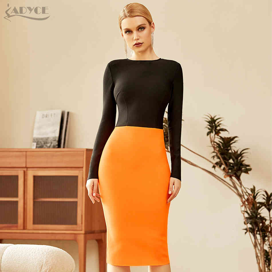 Winter Women Long Sleeve Bandage Dress Sexy O Neck Black Patchwork Midi Club Celebrity Runway Party Bodycon 210423