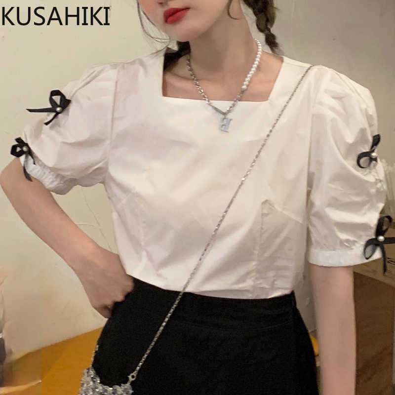 Korean Sweet Bowknot Puff Short Sleeve Blouse Shirt Square Collar Summer Women Blusa Feminina 6G690 210603, White
Korean Sweet Bowknot Puff Short Sleeve Blouse Shirt Square Collar Summer Women Blusa Feminina 6G690 210603, White