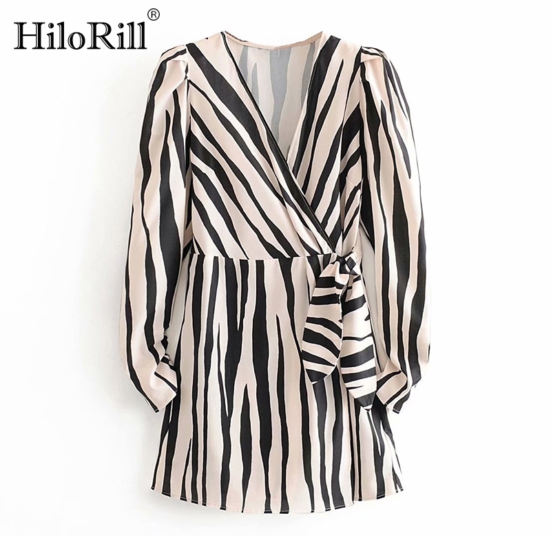 Zebra Stripe Mini Dress Women Bow Tie A Line Party Ladies V Neck Casual Long Sleeve es Vestidos Mujer 210508