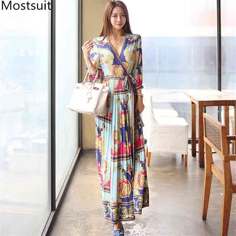 Summer Korean Elegant Printed Long Maxi Dress Women V-neck 3/4 Sleeve Fashion Beach Holiday Vintage Dresses Vestidos Femme 210518, Picture color
Summer Korean Elegant Printed Long Maxi Dress Women V-neck 3/4 Sleeve Fashion Beach Holiday Vintage Dresses Vestidos Femme 210518, Picture color