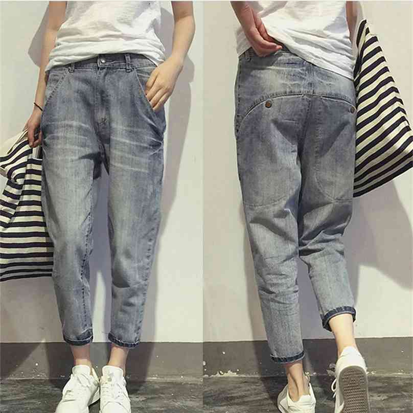 16023 Women's Jeans Spring Korean Style Loose Office Ladies Streetwear Solid Color Light Blue Elastic Bleach Scratch Denim Pants 210922