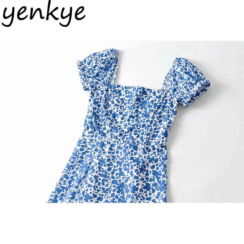 YENKYE Green Floral Print Dress Women Square Neck Sexy Slits Prairie Chic Vestido Mujer Puff Sleeve Holiday Summer Long Dress 210515