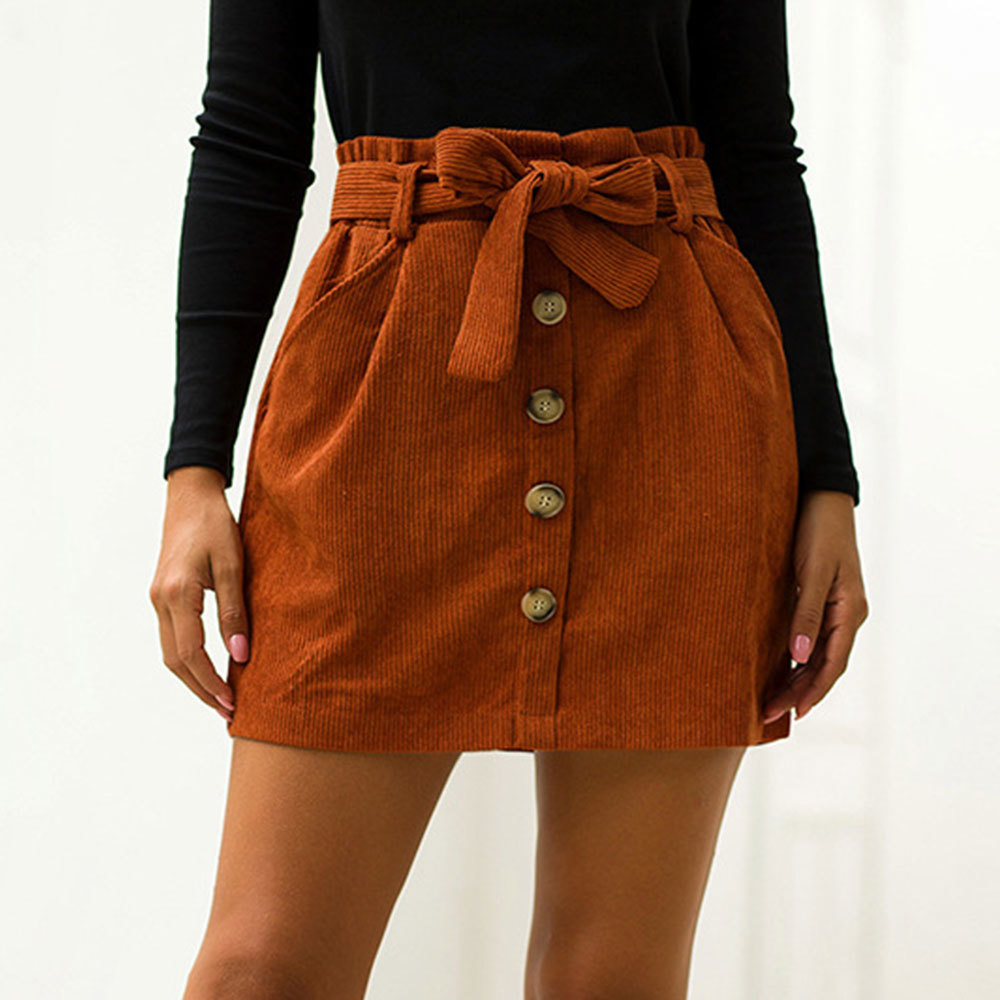 Women Winter Spring Vintage Corduroy Button Skirt Casual High Waist Harajuku Solid a Line Mini with Sashes 210428