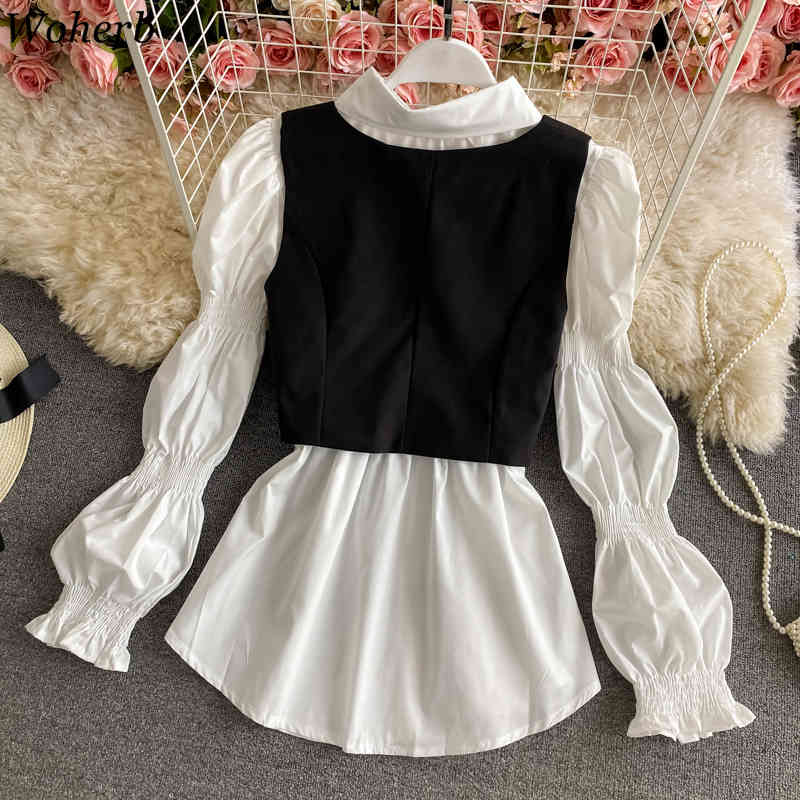 Black Vest + Long Puff Sleeve White Blouse Women Two Peices Set Korean Chic Outfits Spring Summer Casual Suit Femme 210519