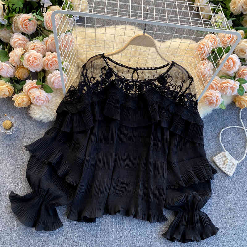 Women Sweet Ruffle Chiffon Blouse Spring Summer Long Sleeve Sexy Mesh Shirts Ladies Lace Blusas Korean Tops Clothes Mujer 210519
