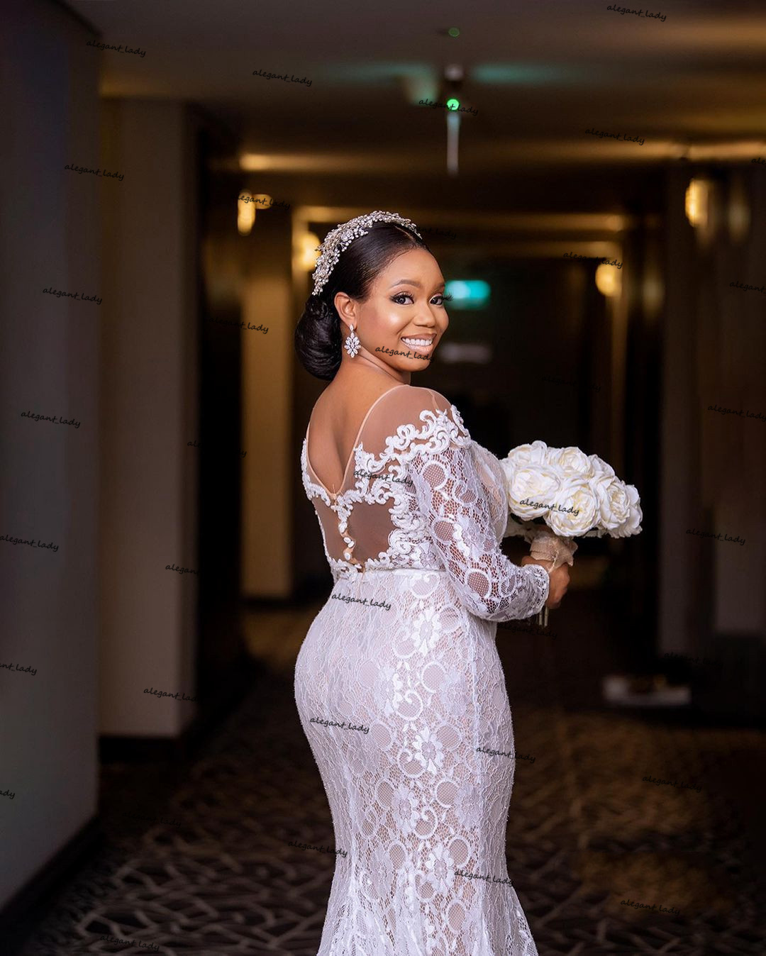 Aso Ebi arabic Wedding Dresses with Long Sleeve 2021 Full Lace Plus Size Champagne Lining African Mermaid Bridal Gowns Robes