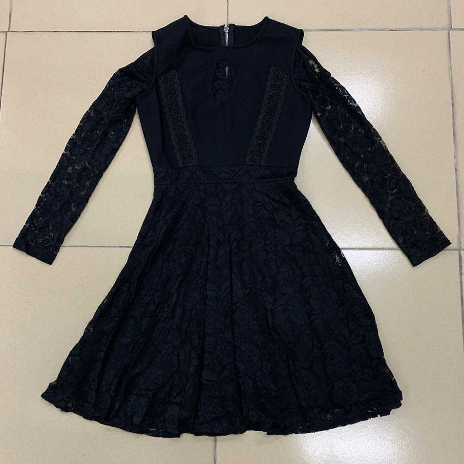 Summer Women'S Black Long-Sleeved Mini Lace Rayon Bandage Dress Sexy Hollow Club Star Party 210525