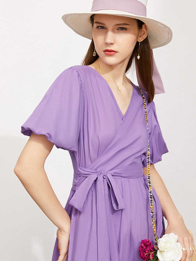 Minimalism Summer Vintage Women's Dress Fashion Cotton Vneck Puff Sleeve High Waist Aline 12170086 210527