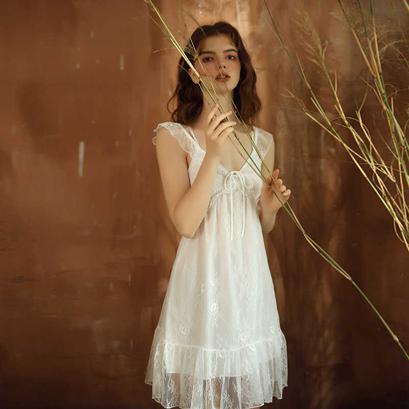 White sweet lace summer double layer fairy princess style French suspender Nightdress Nightgown young girl Sleep dress M/L Q0818