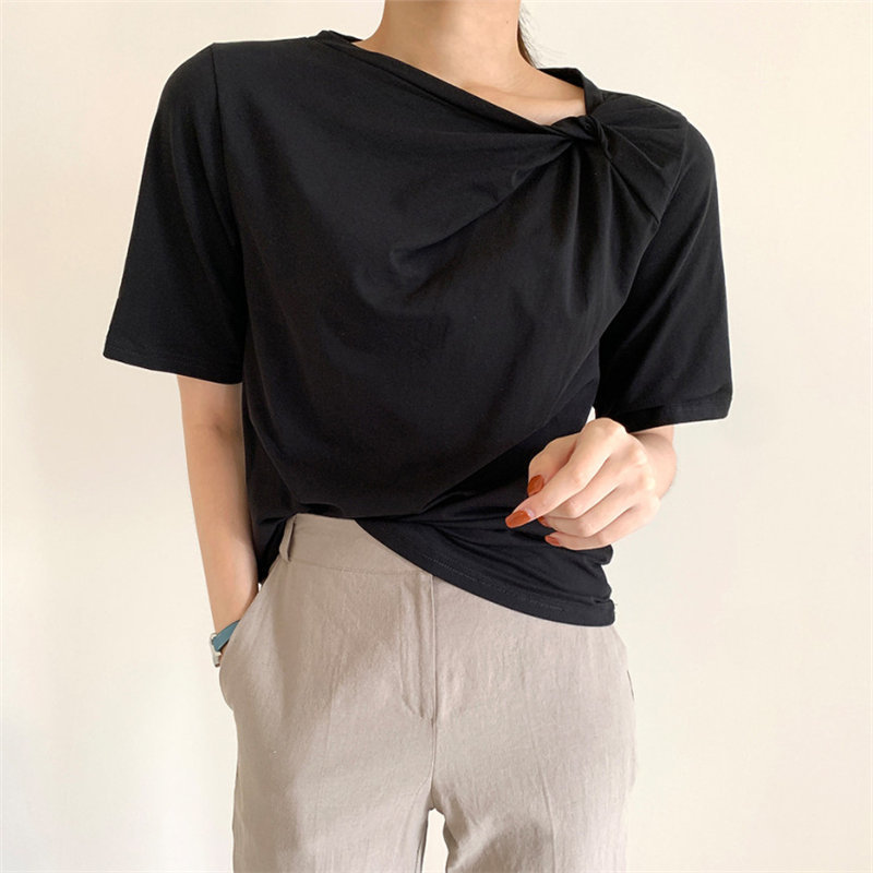 Chic Gentle Sexy Skew Collar Casual Slim Lady OL Short Sleeves Stylish Loose All Match Summer Sweet T-shirts 210421