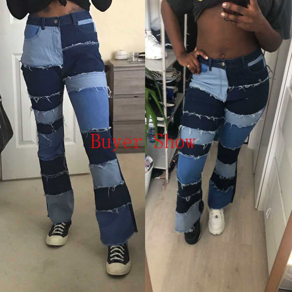 Liooil Color Block High Waist Flare Jeans With Pockets Streetwear Sexy Trousers Bell Bottoms Skinny Patchwork Denim Jean Pants 210922